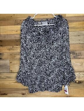 Kathy Che Blouse Top Womens NWT Sz 1X Black White Pleated Fringe Animal Print